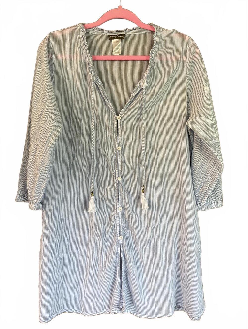 Tommy Bahama Blue Striped Cotton Tunic Size XL PTP 24” Length 32” Sleeve 18.5”